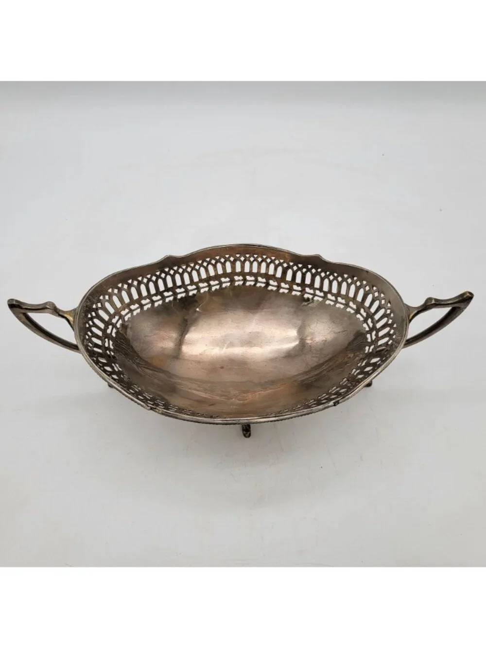 Antique Silver-Plated Reticulated Cake Basket With Scalloped Edges & Ornate Hand
